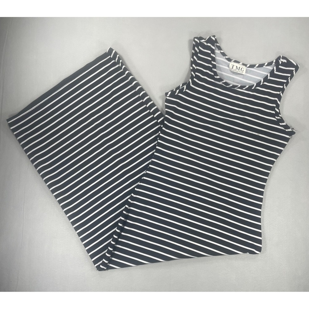 TMG New York Black White Striped Sleeveless Tank Maxi Dress Stretch Knit